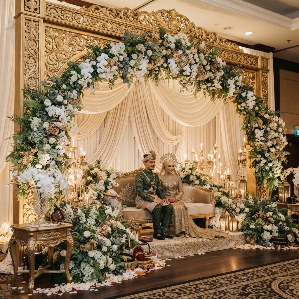 Detailed pelamin floral arrangement