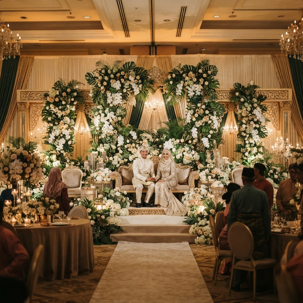 Elegant Malaysian wedding pelamin with lush floral decoration and warm lighting