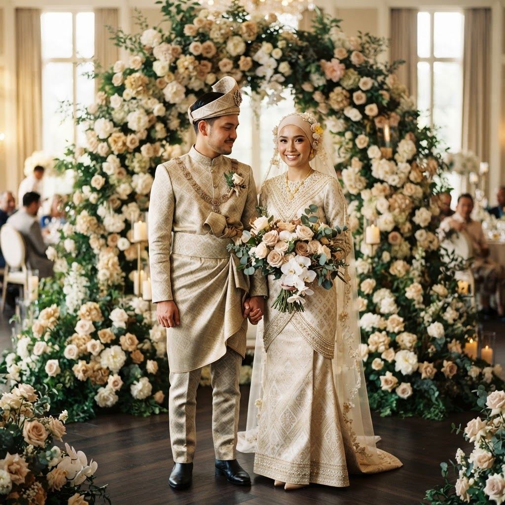 Malaysian bride and groom in elegant wedding attire